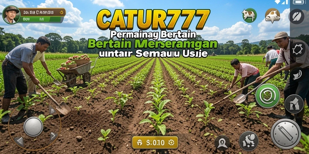 Tangkapan layar permainan CATUR777 menunjukkan aktivitas bertani seru dan interaksi dengan teman.