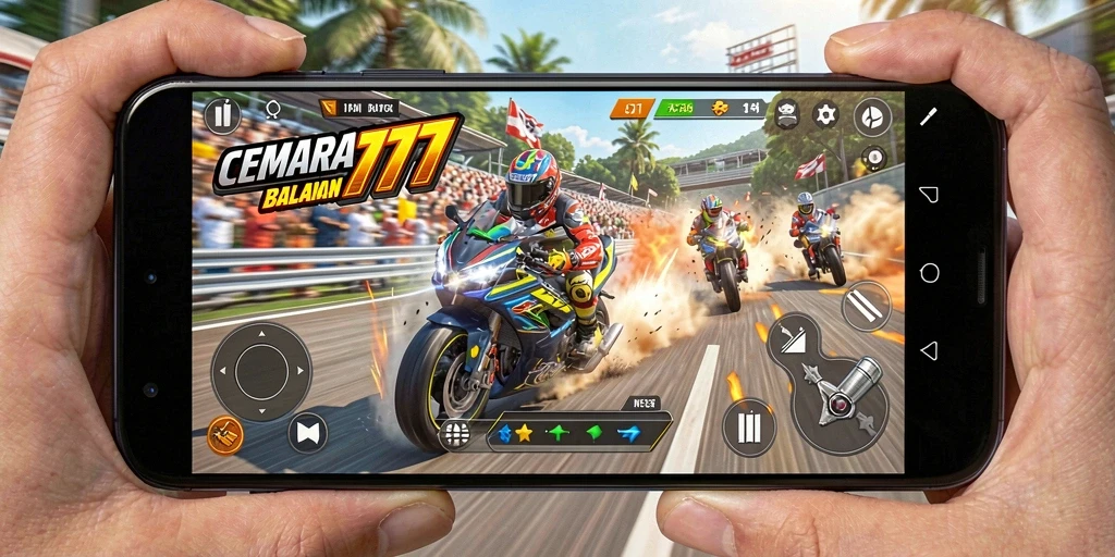 Screenshot CEMARA777 menampilkan balapan motor yang intens dan penuh aksi.
