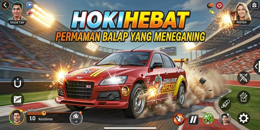 Tampilan gameplay HOKIHEBAT saat balapan cepat di lintasan.