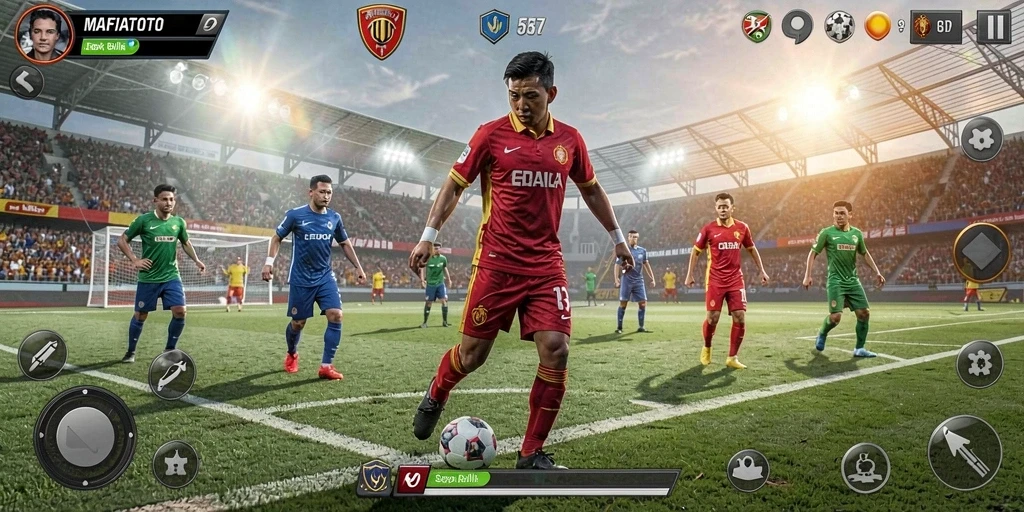 Screenshot MAFIATOTO menampilkan aksi seru di lapangan pertandingan sepak bola.