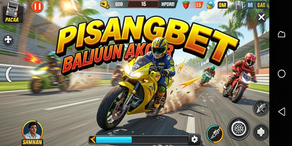 Gameplay seru PISANGBET dengan balapan motor penuh aksi.
